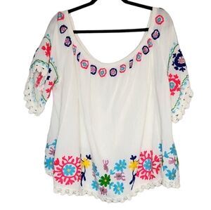 Blue Boheme One Size 100% Cotton Eloise Embroidered Tunic‎ Top On/Off Shoulder